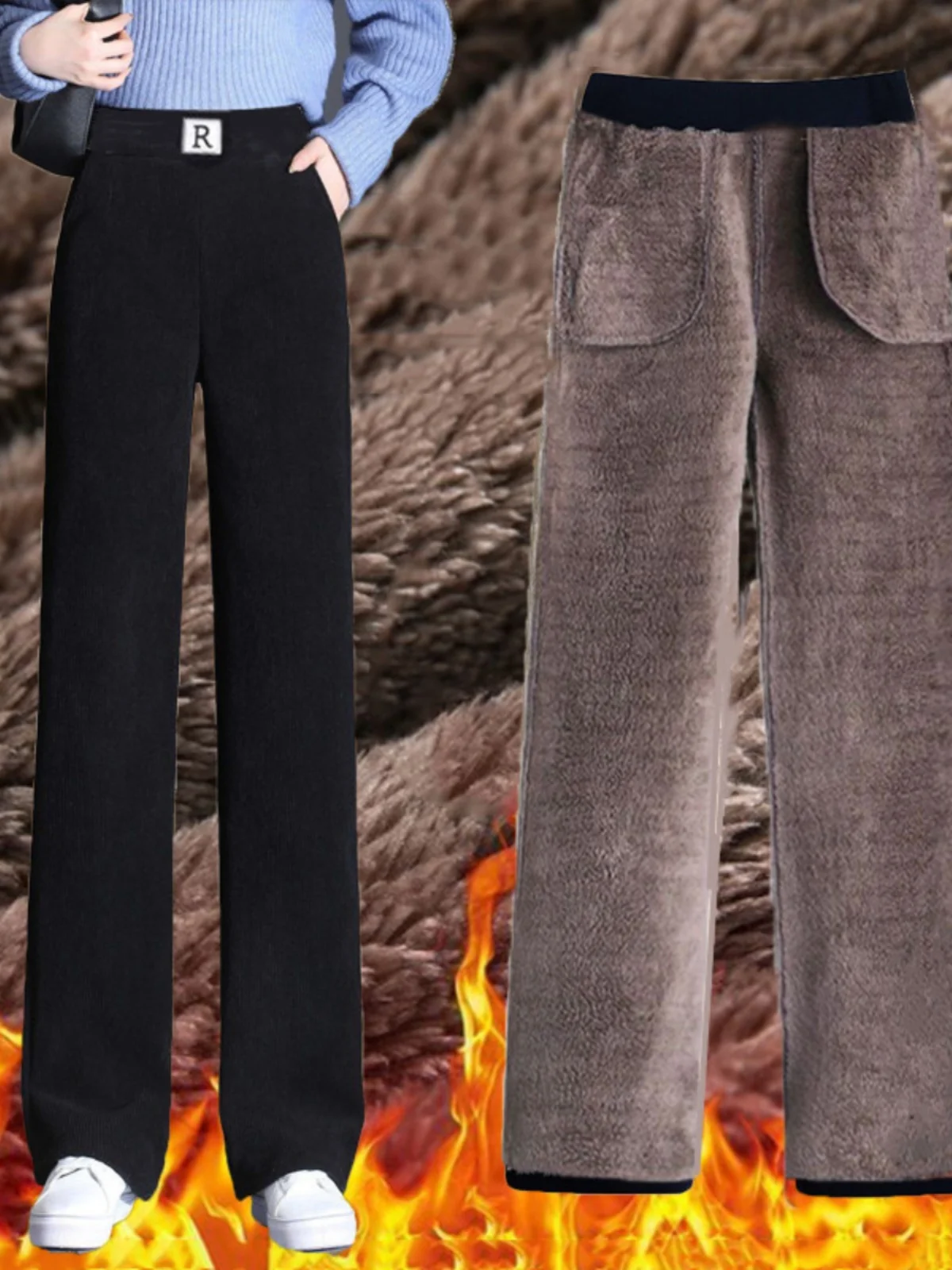 여성용 하이웨이스트 안감 있는 허리밴드 하란 루즈 스트레이트 팬츠 캐주얼 바지 한국 스타일 와이드 팬츠