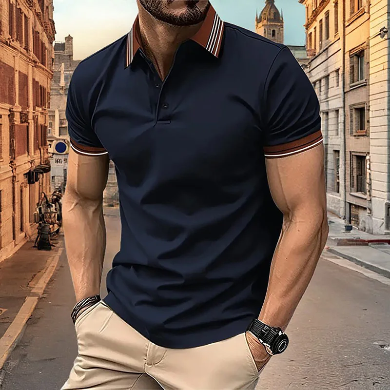 

2024 Men's Summer New Polo Shirt Short sleeved Solid Striped Neck Fashion Personalized Polo Shirt Men's Business Casual Top