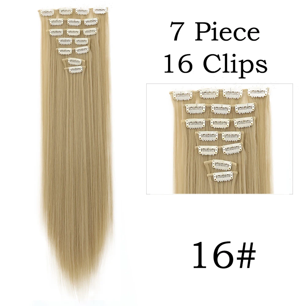 24 Zoll 16 Clips in Haarverlängerungen Lange glatte Frisur Synthetische blonde schwarze Haarteile Hitzebeständiges Kunsthaar