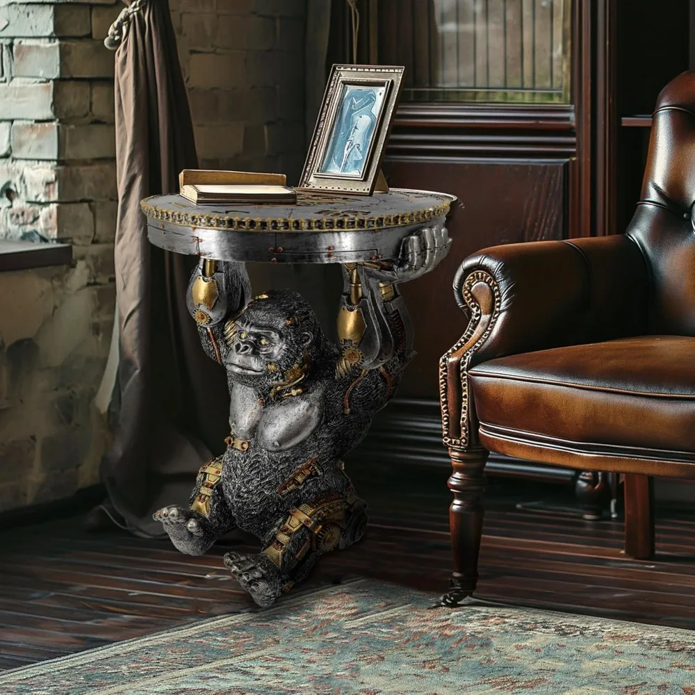 طاولة جانبية Steampunk Gorilla مع قاعدة قاعدة قاعدة، تمثال خيال علمي قرد سايبورغ من الراتنج، تمثال قابل للجمع مرسومة يدويًا #5