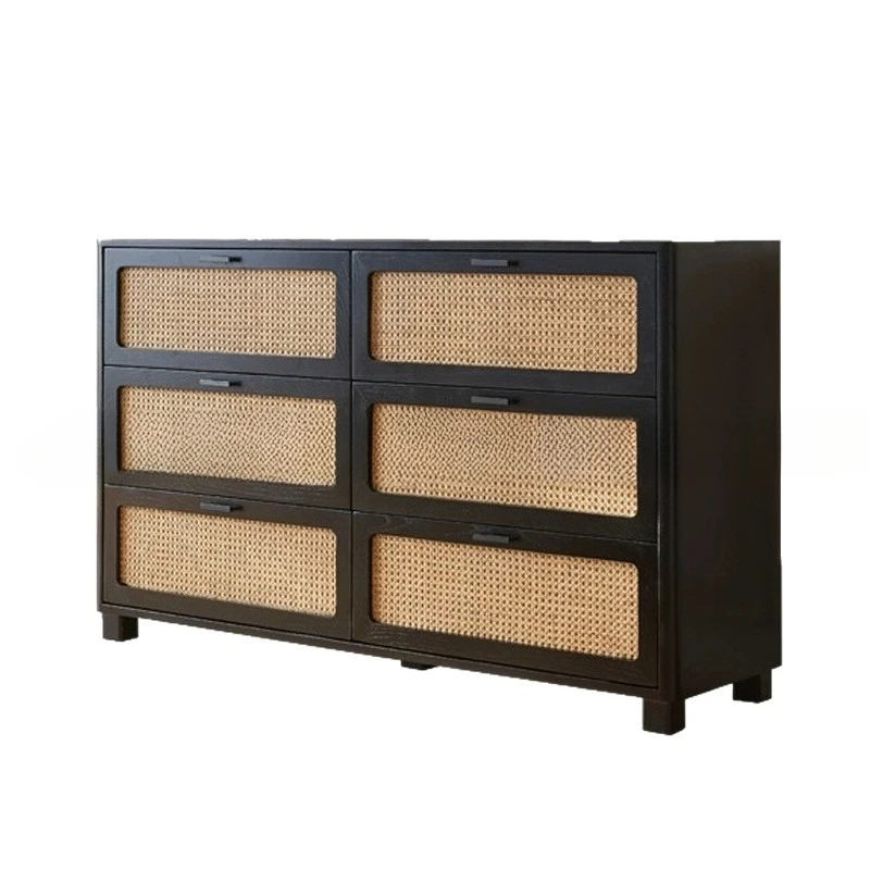 Rattan retro American cabinet, bedroom wooden small side cabinet, economical storage drawer type simple locker