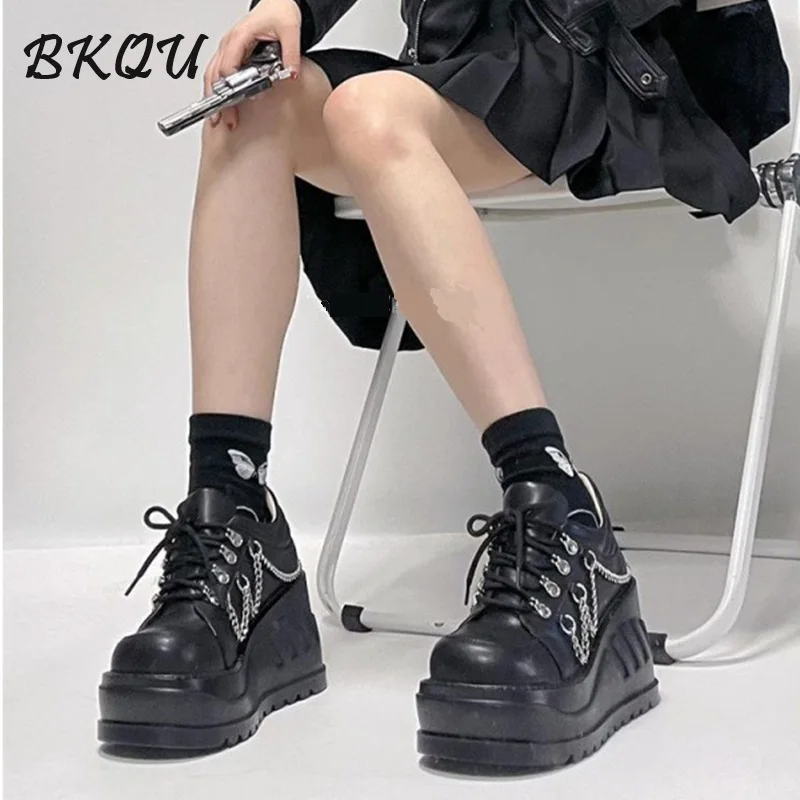 BKQU Punk Small Leather Shoes Shorty Leko Elevating Platform Shoes Women Dark Goth Extra Head Personality Shoe Trend Mary Jane