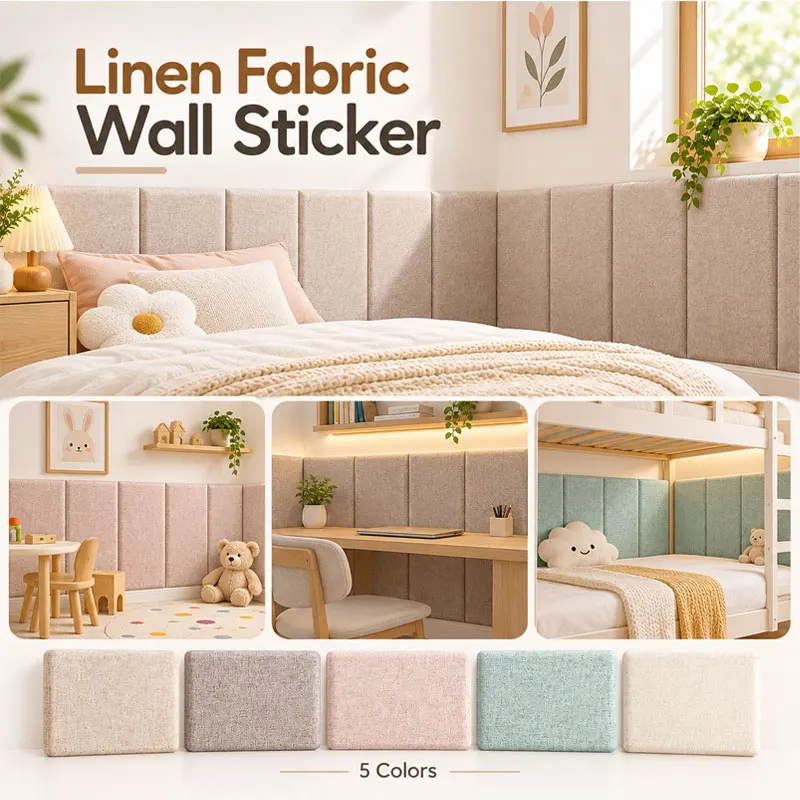 3pcs Linen Fabric 3D Wall Sticker Anti Collision Wall Panel Thick Headboard Panels 23x50cm Soft Protective Kids Room Wall Decor