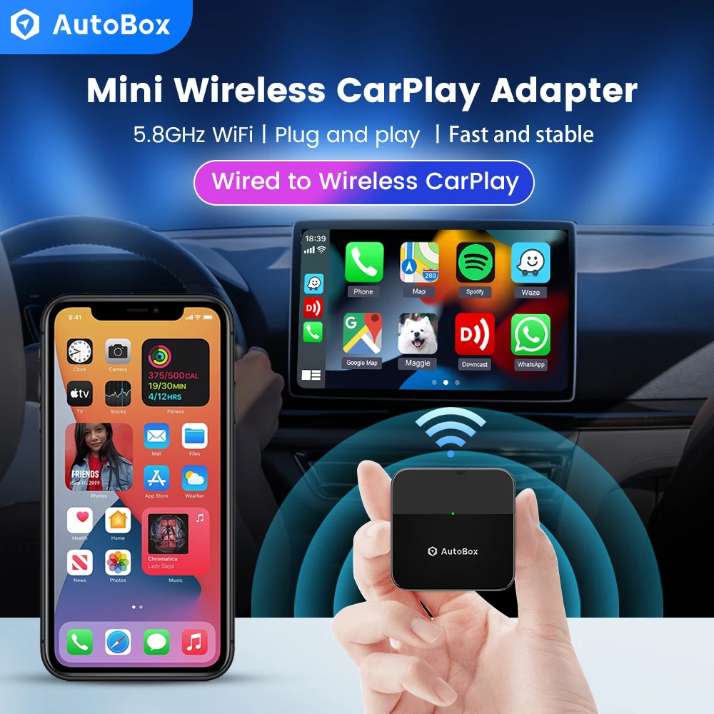 

AutoBox Wireless CarPlay Adapter MINI Carplay Youtube Music Spotify Waze Auto Plug and Play For Toyota Kia Car WIFI BT5.8 ios16