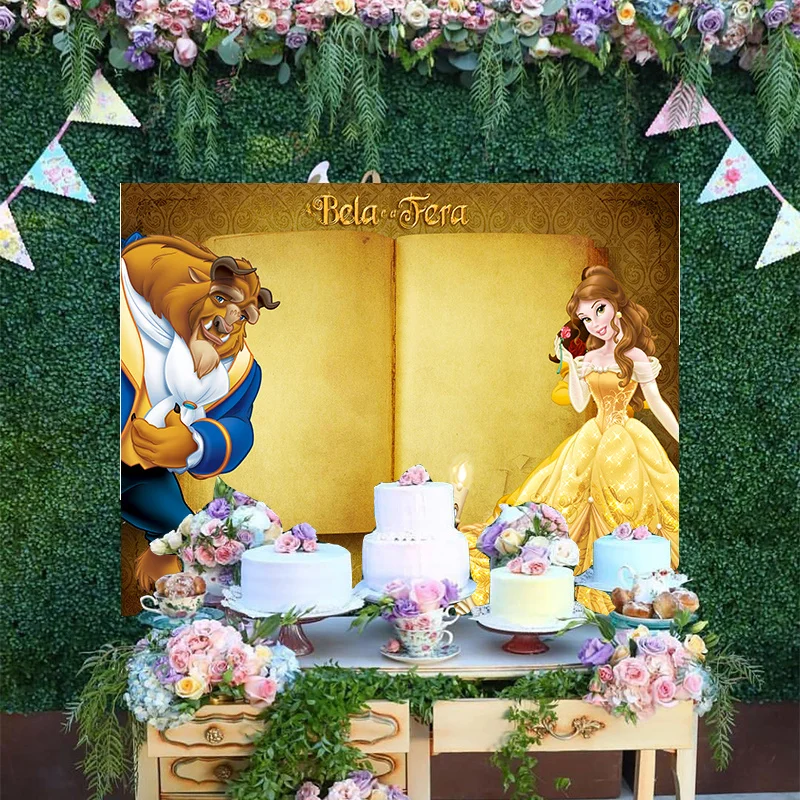 Fondo romántico de dibujos animados para fiesta de cumpleaños, telón de fondo de boda de ensueño, Disney, La Bella y La Bestia, Bella, princesa Linda