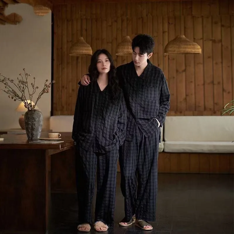 New autumn and winter long sleeved couple pajamas, high-end light luxury women's home clothes, men's checkered suit