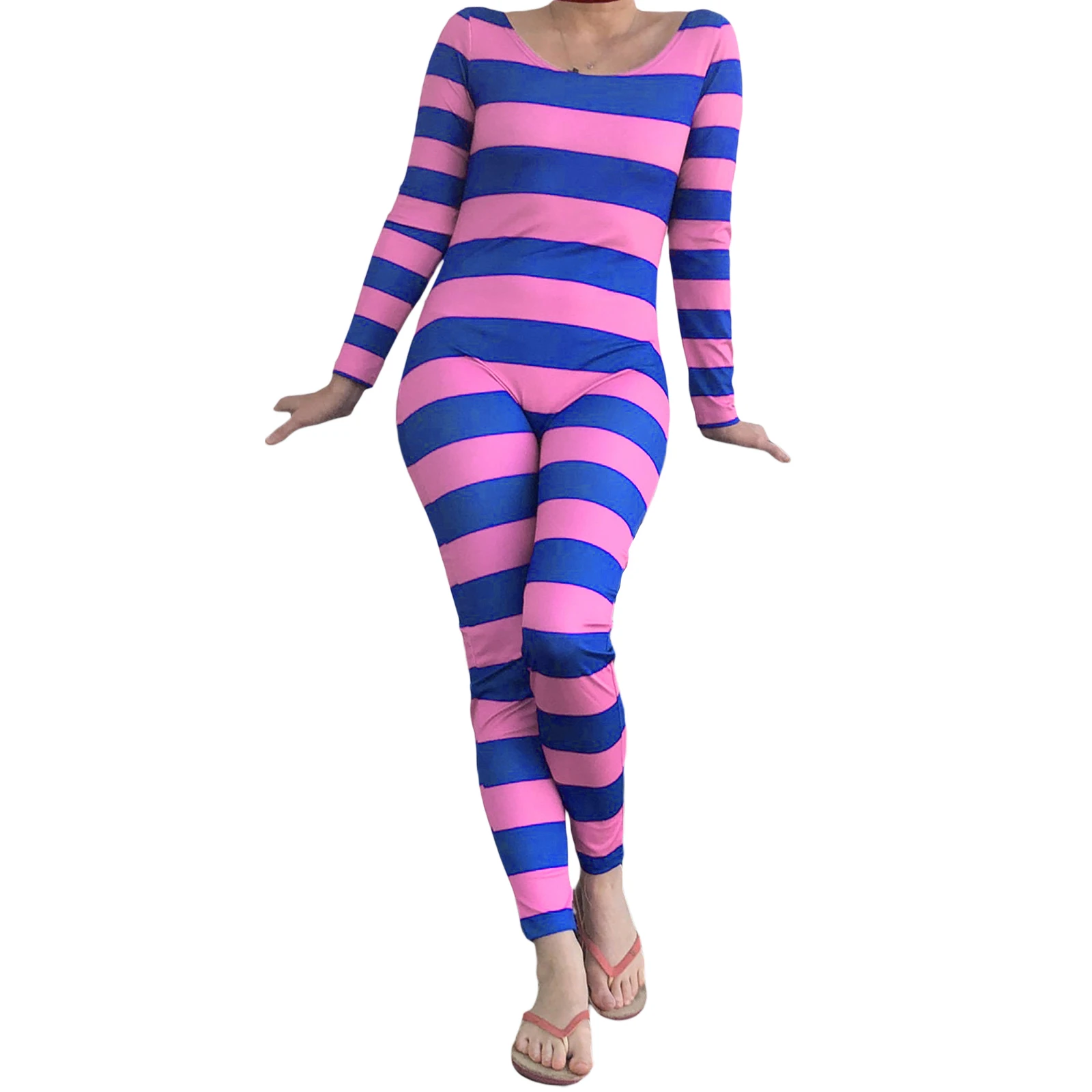 Women s Cheshire Cat Halloween Costume Pink Purple Striped Long Sleeve Jumpsuit Cosplay Outfit Party  costume