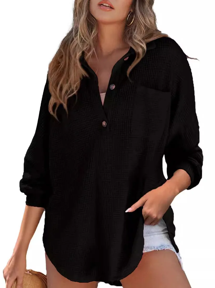 

Ladies' Long Sve V-ne Wfle irt Striped Pattern Straight Cut Thin Material Pure Color T-irt for Young Women