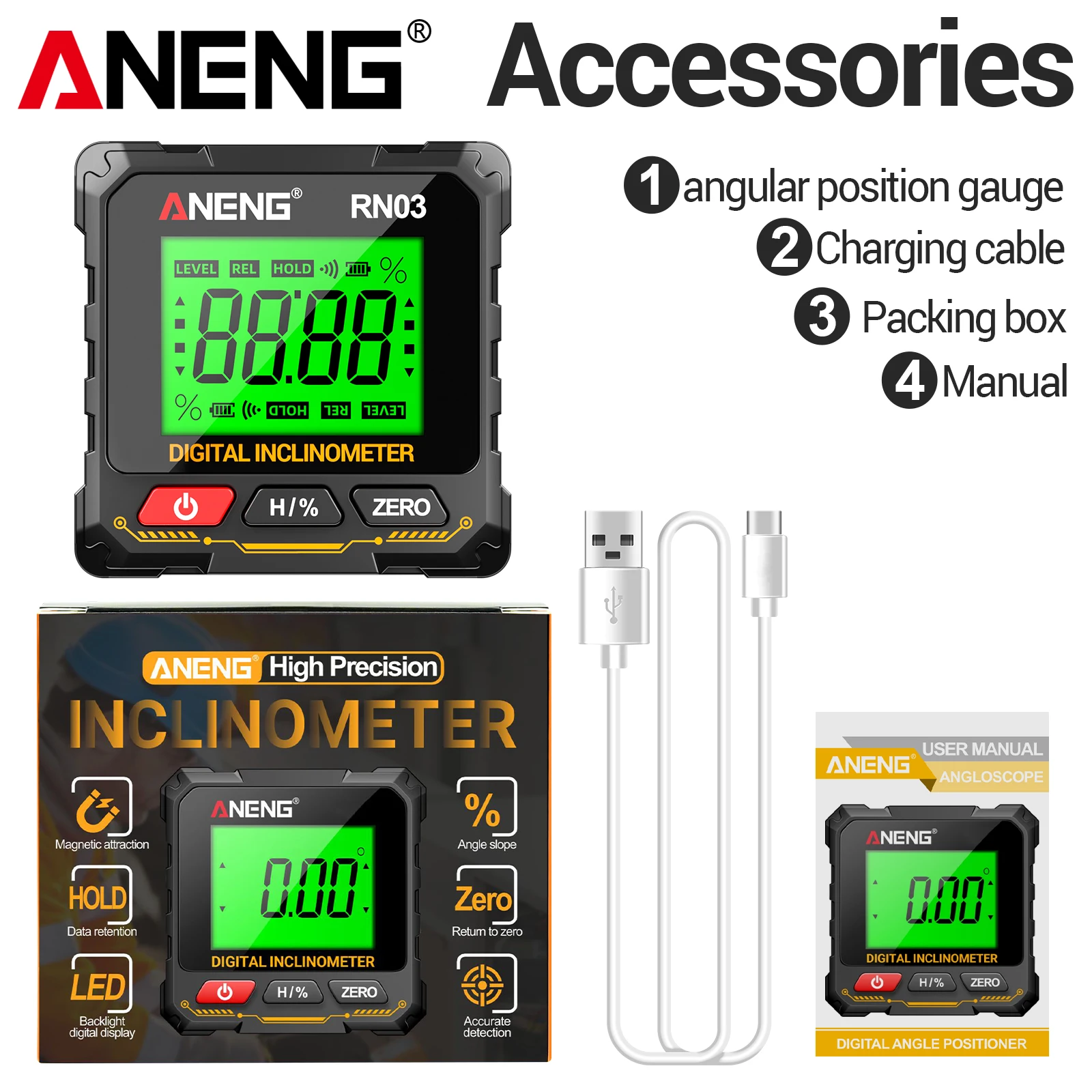 ANENG RN01/RN02/RN03 Inclinometer High-precision 0.05 °Four Sided Magnetic Suction Angle Automatic Flipping Measuring Instrument