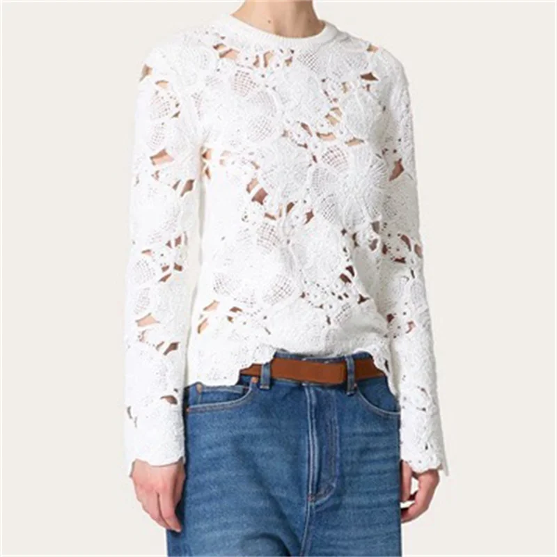 Women\'s sweater 2024 autumn Flower embroidery round neck pullover Elastic knitted hollow out Long sleeved Top 100% wool knitwear