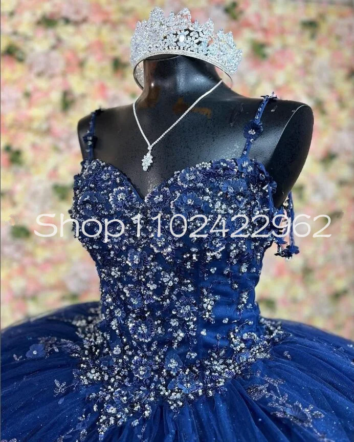 Navy Blue Luxury Quinceanera Dresses Off Shoulder 3D Floral Gillter Lace Applique Corset Puffy Skirt vestido de 15 años