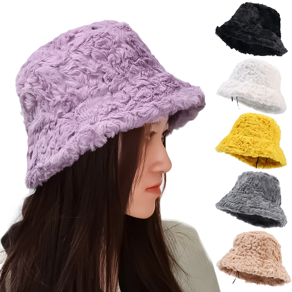 Solid Striped Ruffled Bucket Hat Women Lamb Wool Faux Fur Fisherman Hats Girls Outdoor Winter Warm  Bowl Cap Buckets Sun Caps