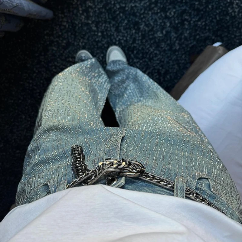 Women Spring Autumn Summer Pants Jeans New Straight Sequins Wide Leg Crushed Diamonds Belt Zipper Simple  Fashion Leisure