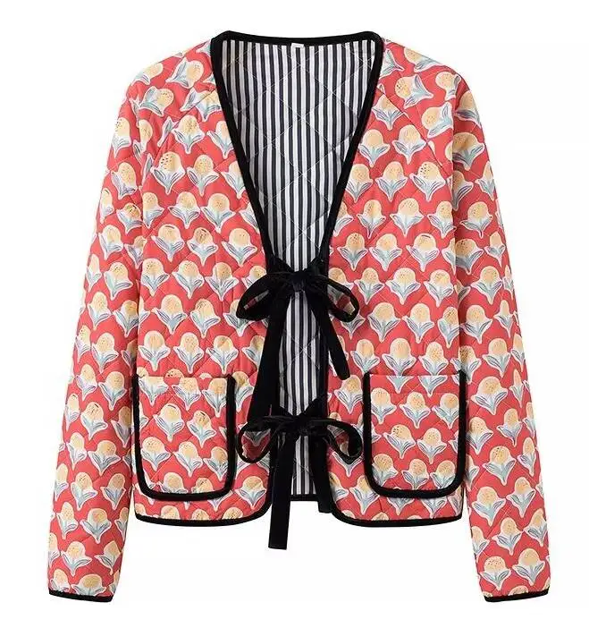 

Parkas Womens Korean Fall Polyester Fleece-Lined Quilted Patchwork Panelled Double-Pocket Buttoned Snap-Button Elastic Waistband