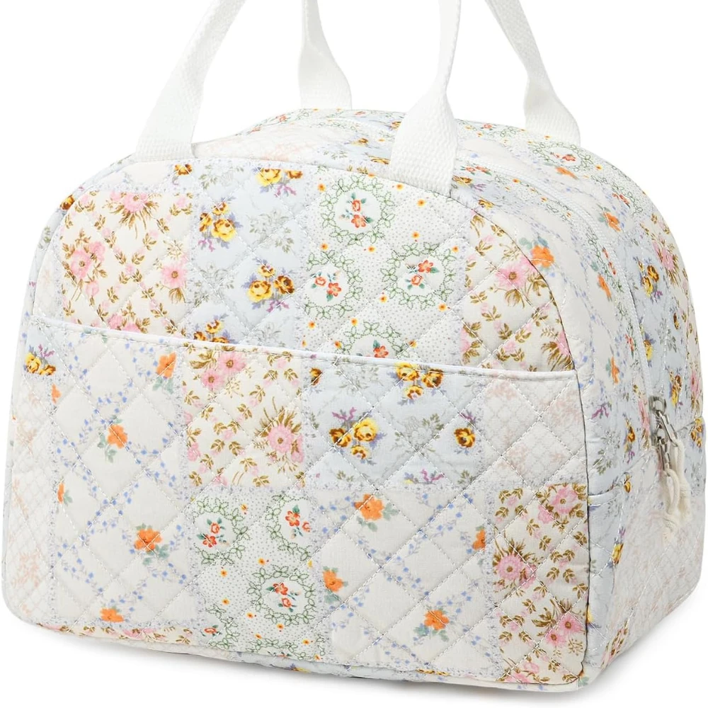 

Lunch Box for Women Quilted Insulated Lunch Bag Tote Cute Reusable Floral Cotton Large Capacity