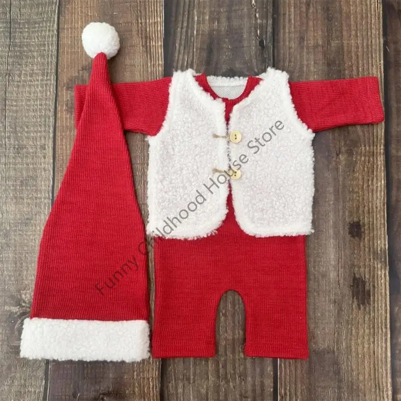 D0LA 3 قطعة طقم ملابس تصوير سانتا للأطفال قابل للتمدد ومريح لحديثي الولادة وعيد الميلاد لالتقاط الصور من 0 إلى 3 أشهر