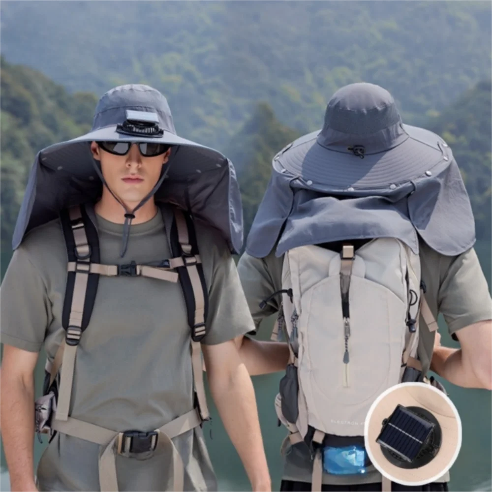 Chapeau Bob Solaire à Large Bord Tendance avec Ventilateur Intégré, Respirant, Rechargeable par USB, Protection UV pour l'Extérieur avec Cache-Nuque Amovible