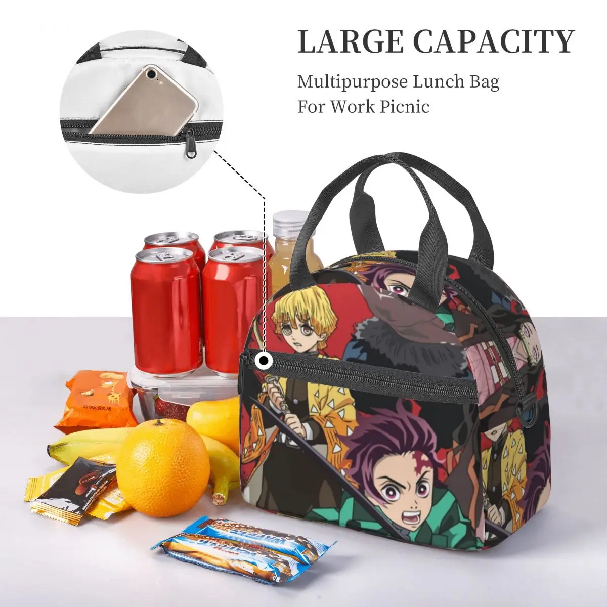 Kimetsu No Yaiba Demon Slayer Lunch Bags Insulated Bento Box Lunch Tote Resuable Picnic Bags Cooler Thermal Bag for Woman Office