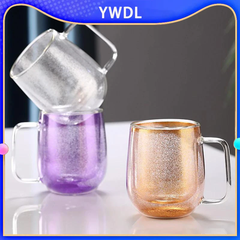 

YWDL Double Wall Glass Cup With Handle Heat Resistant Tea Coffee Cups Espresso Milk Mug