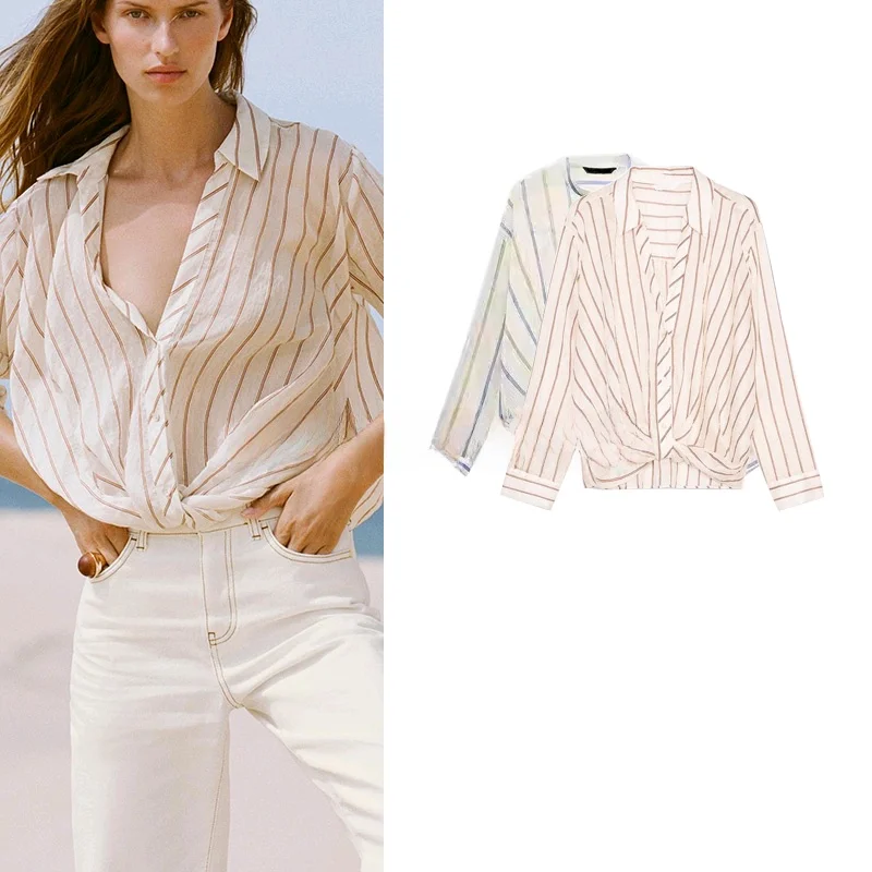 

Spring Summer New Women's irt V-Ne Tie Stripe Long Sve Turn-down Collar Casual Faion Commute Sle Polyester Fiber
