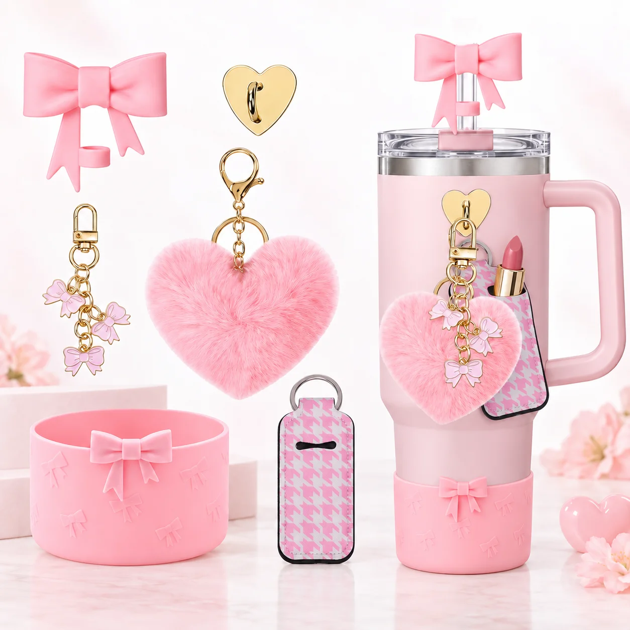 6pcs Coquette Accessories Set for Stanley 40oz 30oz Tumbler, Bow Straw Cover, Heart Pompom Charm,Lip Stick Holder for Cup Decor