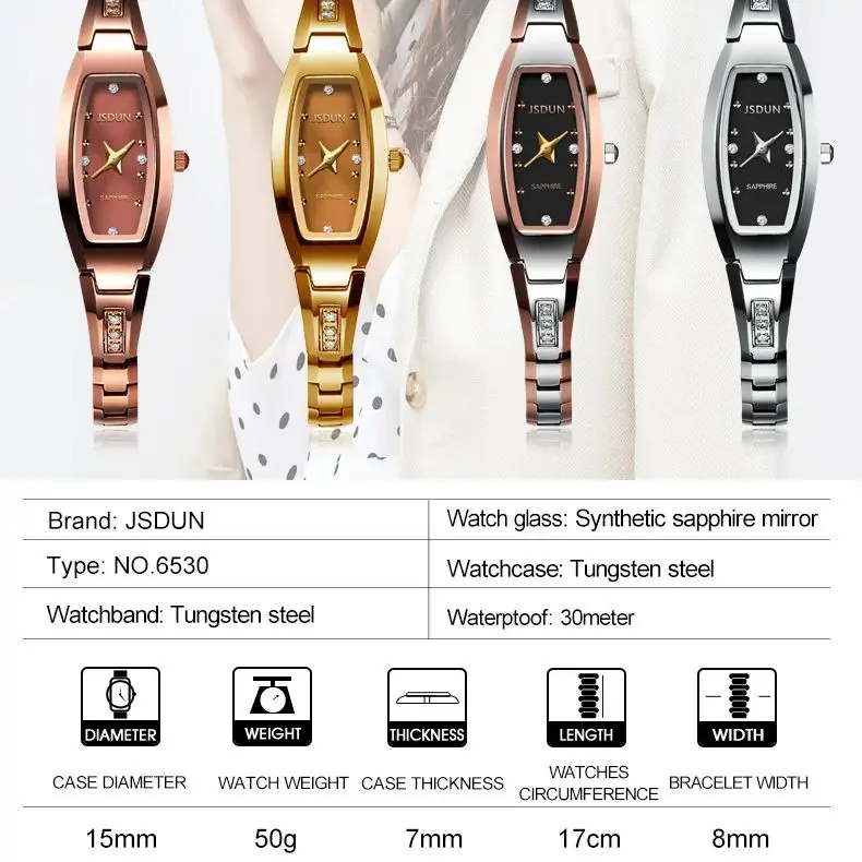 JSDUN 6530 Women Watch Tungsten Steel Strap High Quality Imported Movement Quartz Watch Sapphire Mirror Waterproof Women Watch