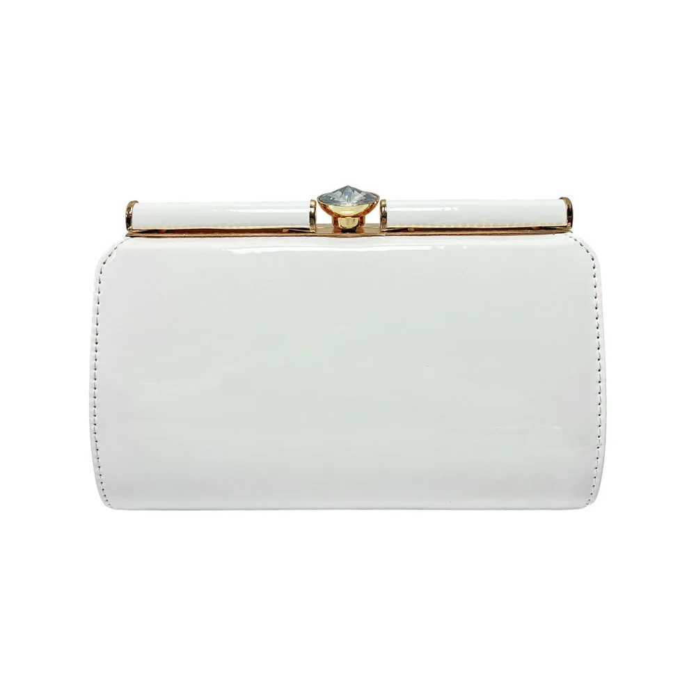 Pure White Patent Leather Minimalist Diamond Lock Rectangle Clutch Luxury Elegant Evening Purse For Mature Women Daily Wedding