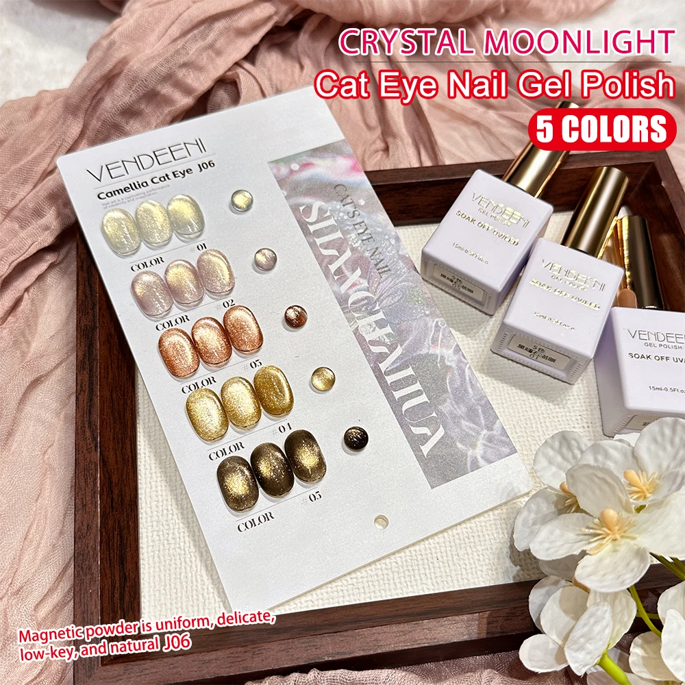 

Vendeeni 5 цветов/набор чайно-коричневый кристалл гель-лак для ногтей «кошачий глаз» УФ-светодиодный блестящий маникюрный магнитный лак для ногтей с цветной картой