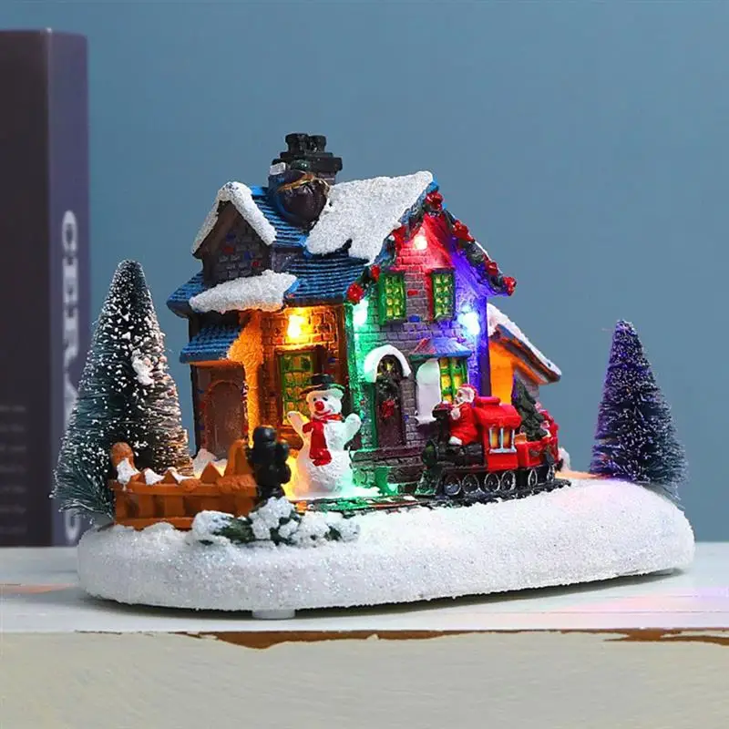 Operate Christmas Ornamnet Resin Snowy Xmas Scene Houses Figurine Snowy Christmas Village Animated Winter House Scenes