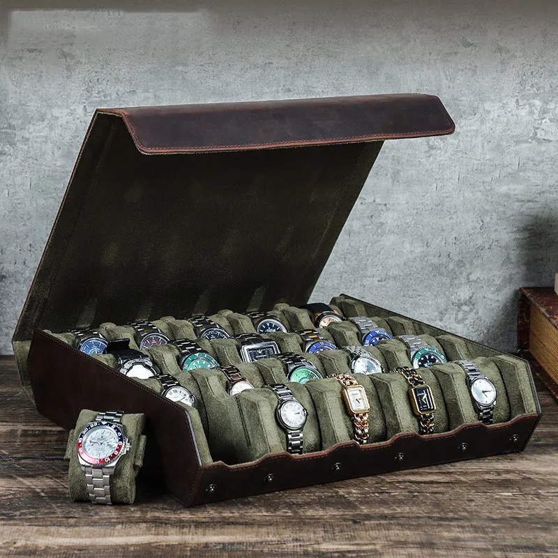 

Travel Case Men Crazy Horse Top Leather Case Watch Storage Organizer with Easy Sliding in Out Pillow for 20 Slot Watch Roll