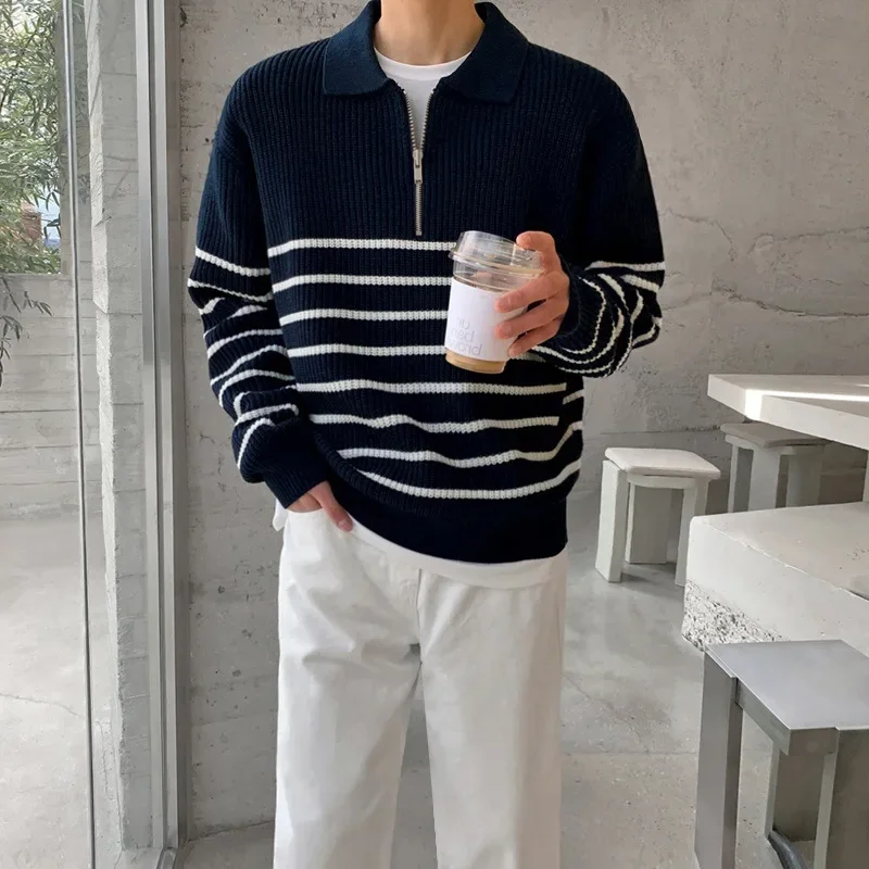 

Autumn Korean Men's Light Style Lapel Long Sleeve Sweater Fashion High-end Loose Retro Casual Half Zip Striped Sweater Top