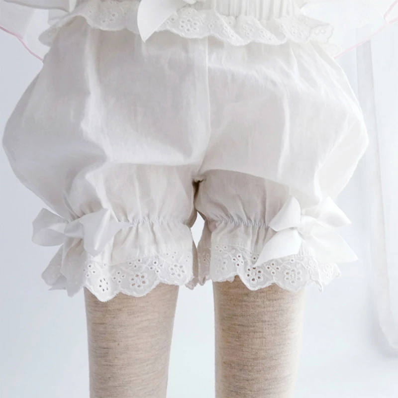 Women Ruffled Lace Trim Pumpkin Shorts Maid Cosplay Bowknot Safety Pants