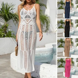 Fashion Style Women U-Collar Side Slit Long Dress Dzianinowy oddychający strój kąpielowy Cover Up Beach Holiday Hollow Out Slip Dress