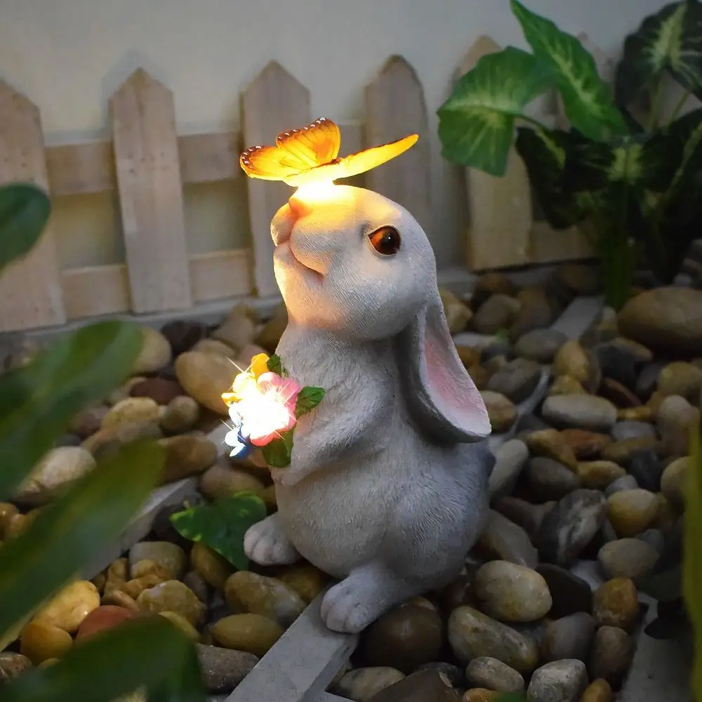 

Cute Solar Bunny Statue Resin with Butterfly LED Light Garden Decor Crafts Outdoor Decoration for Garden Courtyard