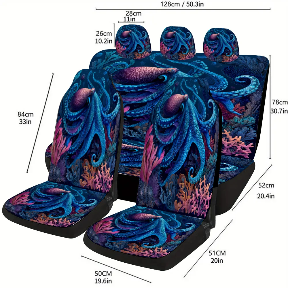 A Set Of Car Seat Covers Featuring A Deep Sea Blue Octopus Coral Reef Wonder Theme, Suitable For Most Vehicles, Stylish And Uniq