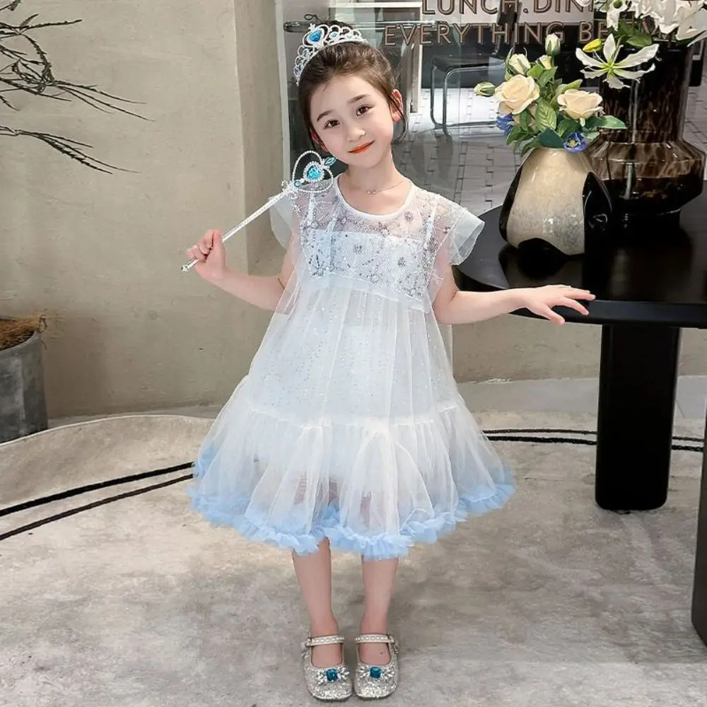 Mode Pailletten Mädchen Prinzessin Kleid Lose Party Sommer Kleid Strand Urlaub Teenager Kinder Mesh Kleid Sommer