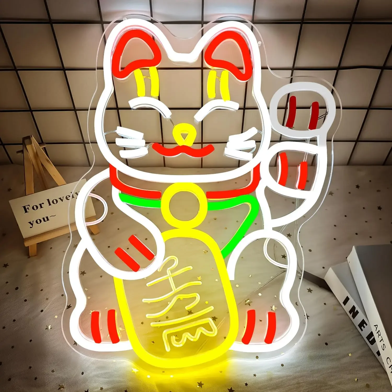 Waving Lucky Cat Neon Sign Dimmable LED Night light for Club Bedroom Hotel Shop Restaurant Decor Business Neon Decor Art Gifts