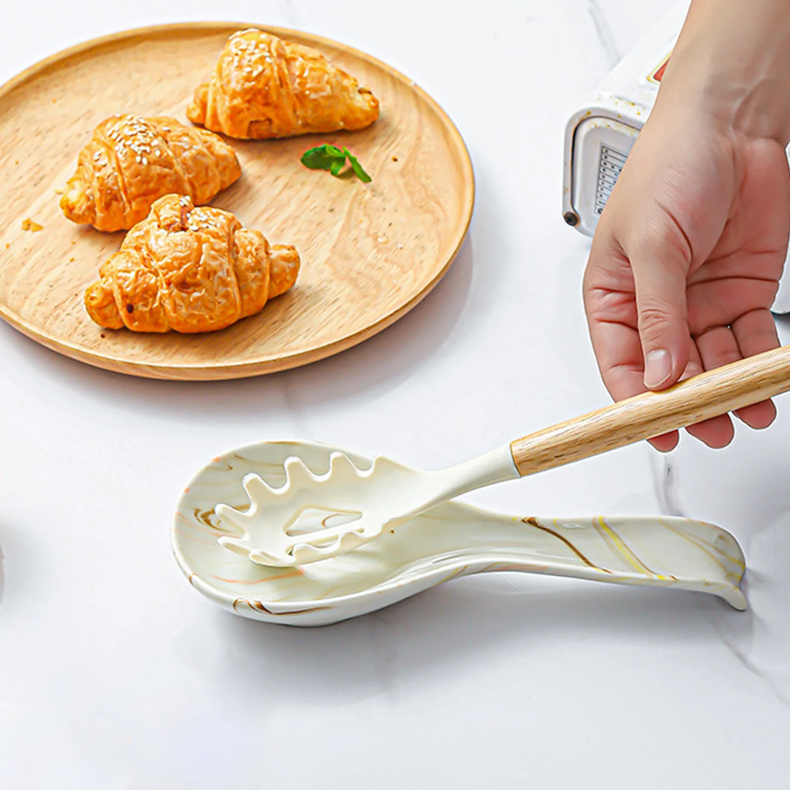 Heat Resistant Spoon Rest Marble Pattern for Kitchen Counter, Ceramic Utensil Holder Tray, Non Slip Ladle Base Durable