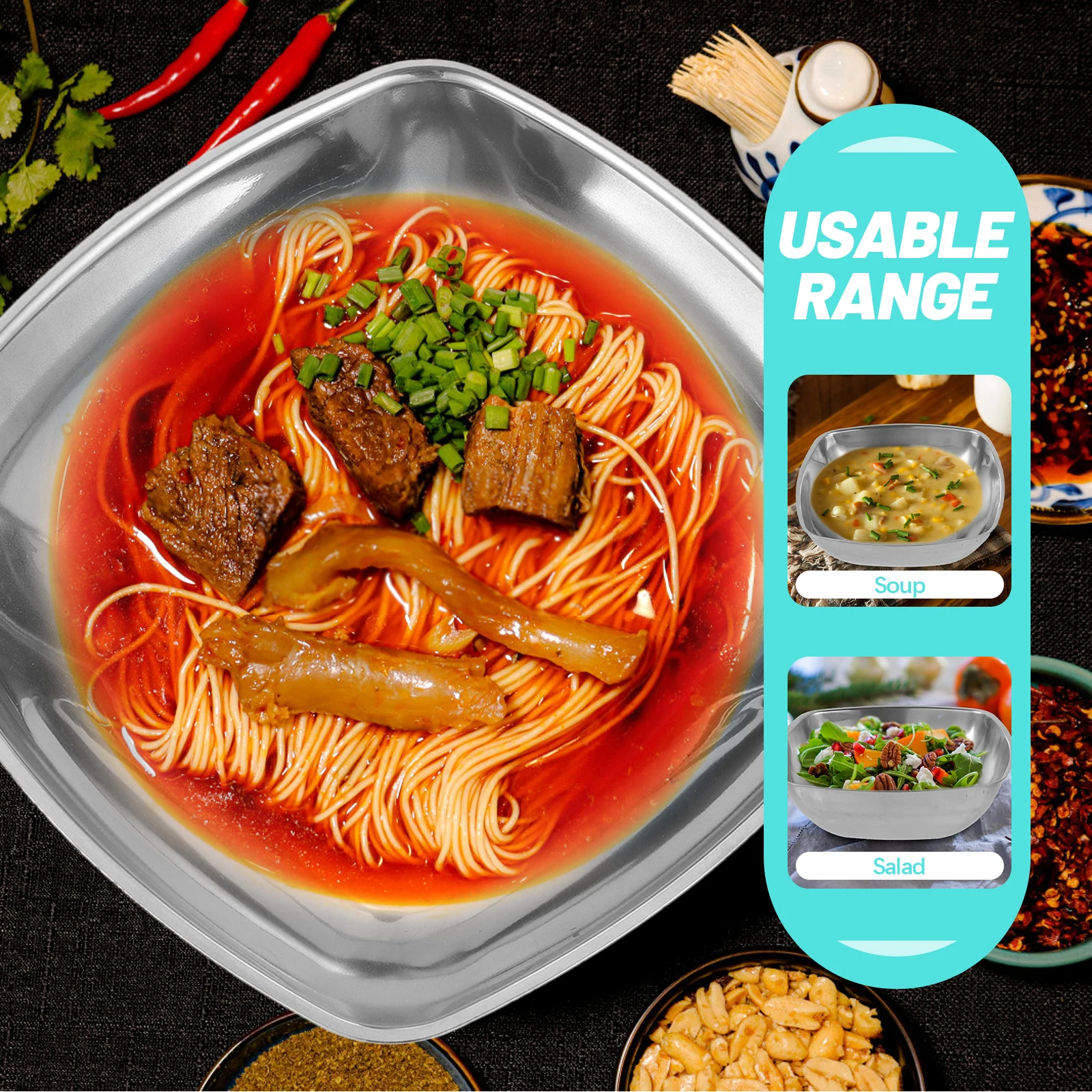 

Premium Stainless Steel Mixing Bowl Square Bottom Stable Placement Soup Dough Salads Fruits Noodles Mixing Bowls