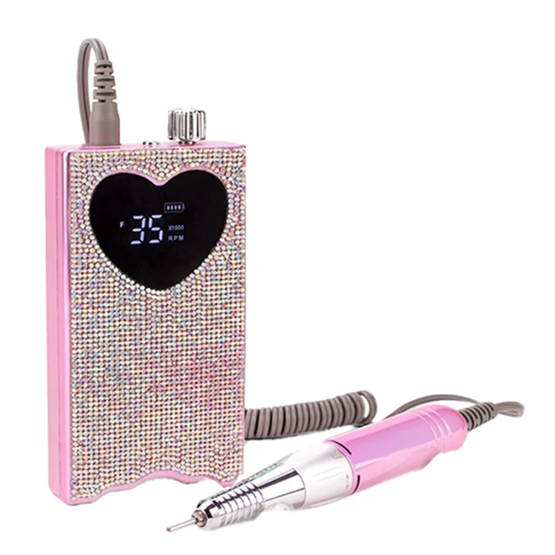 ABUU-Electric Nail Drill With Rhinestone Rechargeable Nail File 35000 RPM Heart Shape Wireless Pedicure Grinder EU PLUG
