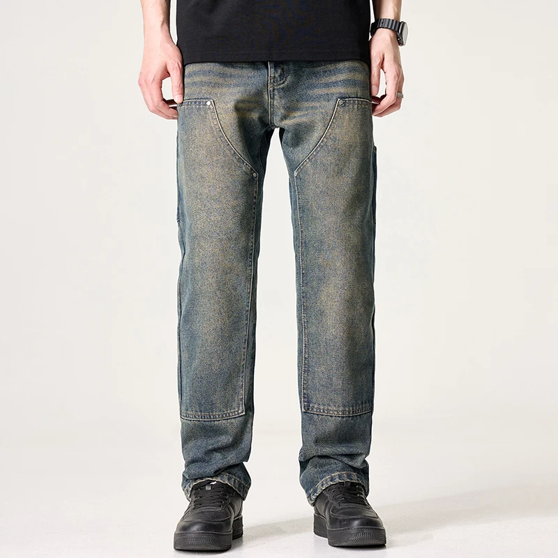 

8002 High Street Vintage Washed and Aged Double Knee Lumberjack Pants Men's Straight Loose Yellow Clay Colour Workwear Jeans