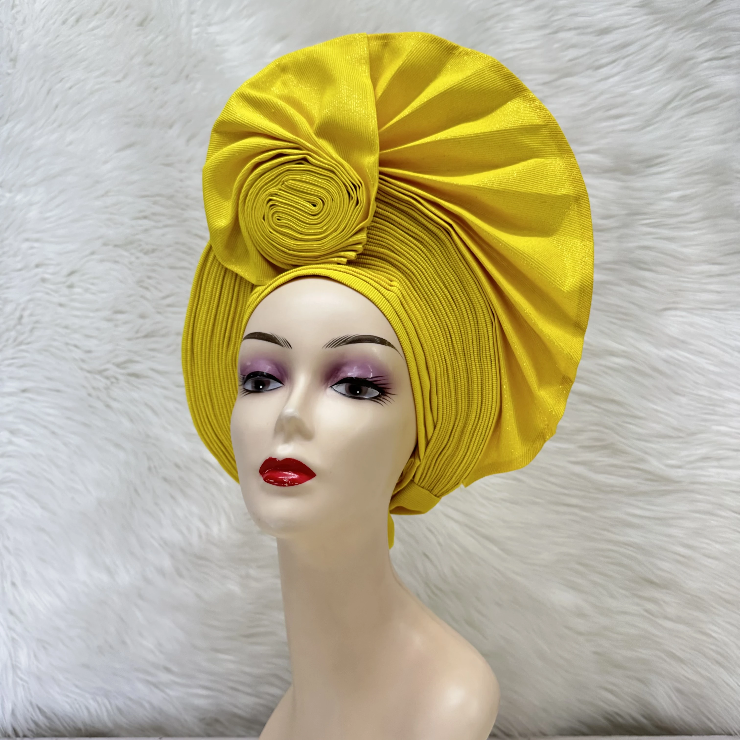 Sombrero africano nigeriano de Gele amarillo, gorra de turbante africano para fiesta, Aso Oke Auto Gele, 1 juego