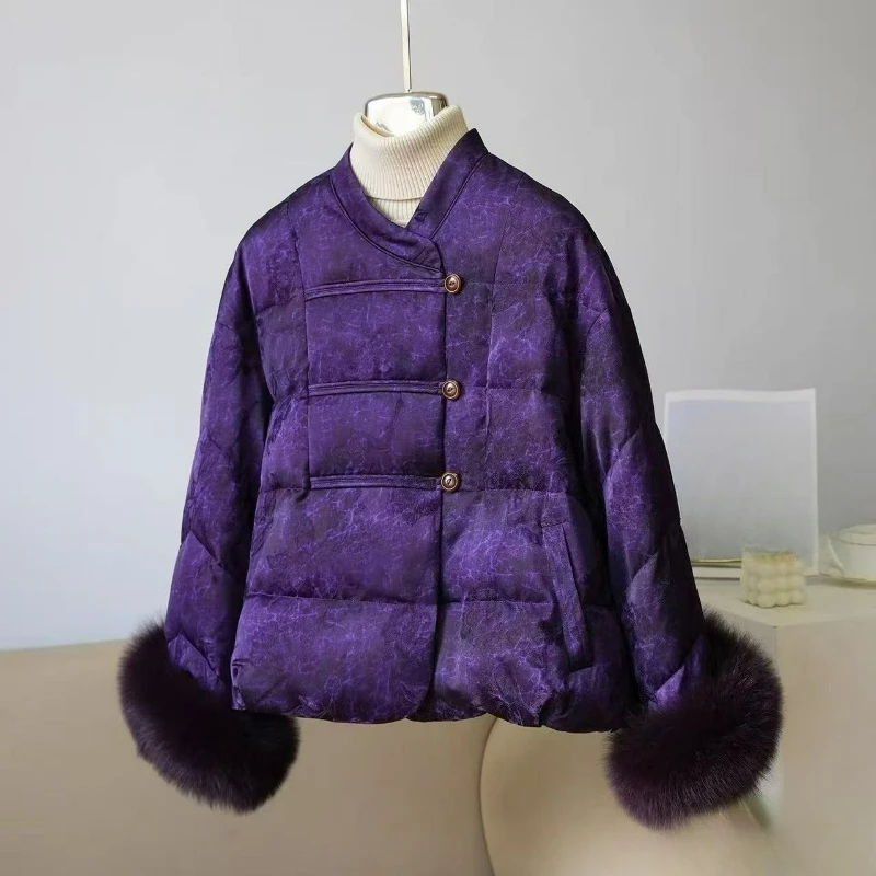 النمط الصيني الجديد ضوء جديد فاخر الراقية موضة مطبوعة زر متابعة المرقعة الصوف كم القطن معاطف دافئة 2026 الخريف/الشتاء