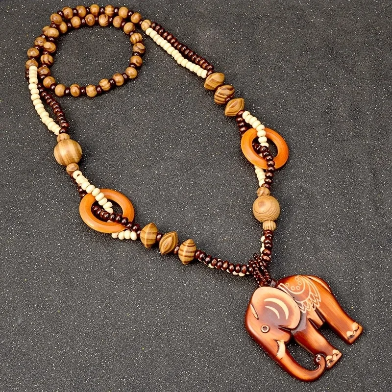 Boho Ethnic Style Long Hand Made Bead Wood Elephant Pendant Necklace Sweater Chain for Women Fashion Neck Jewelry Party Gifts