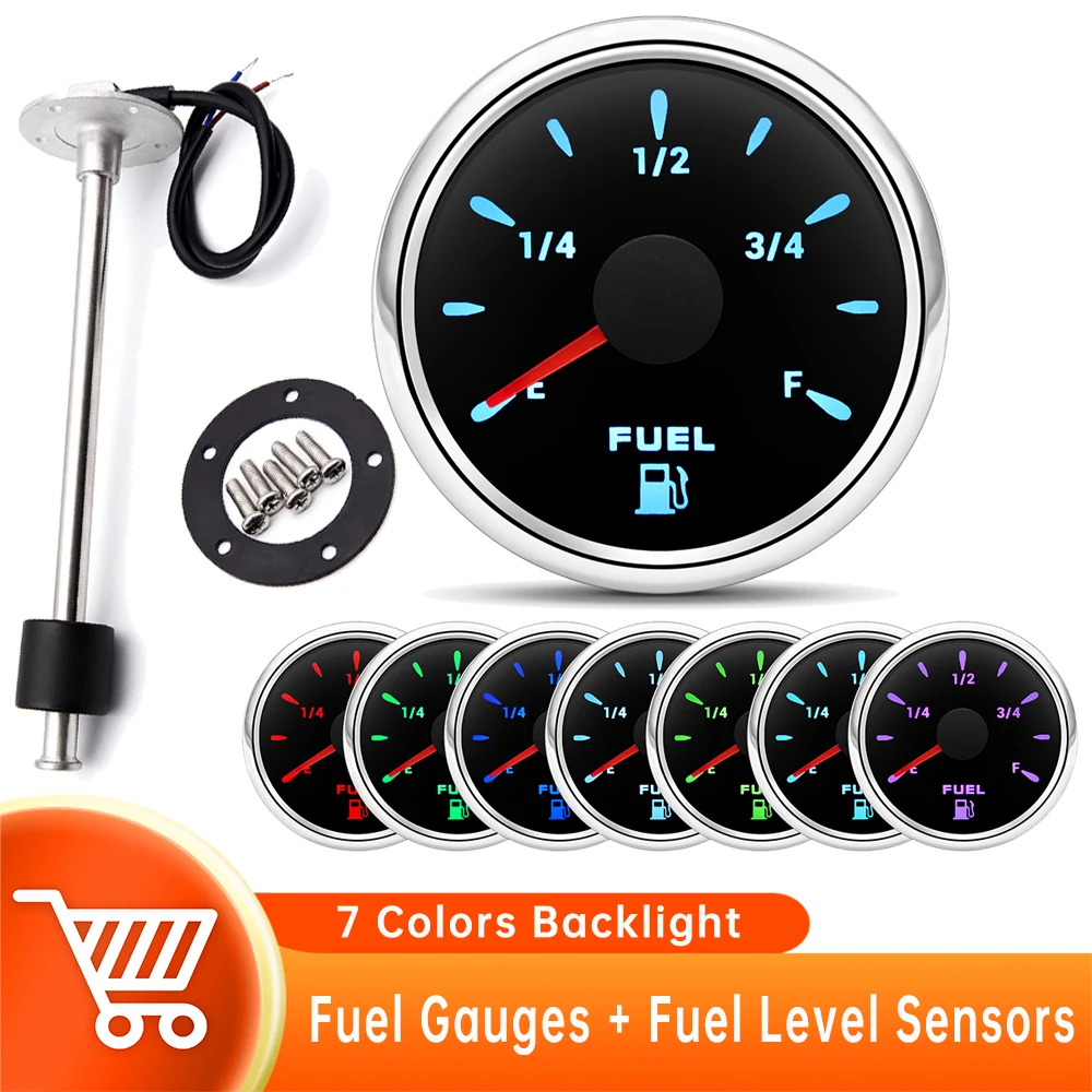 0-190 Ohm Fuel Level Gauge 52mm Car Gauge with Fuel Level Sensor 100mm-550mm 7 Colors Backlight for Marine Boat