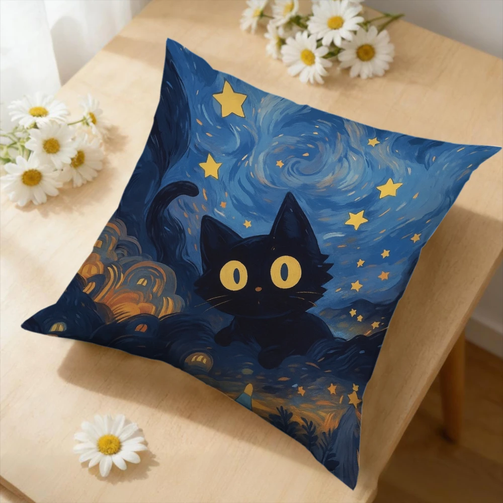 1pc Cartoon Black Cat Starry Night Cushion Cover Blue Yellow Soft for Sofa Bed Living Room Home Decor