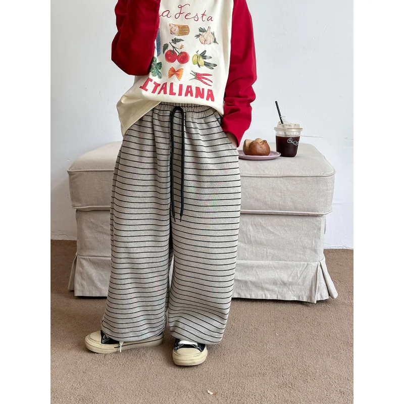 Girls' Korean-Style Casual Striped Sweatpants2024Autumn Clothes Children's Western Style Can Be Closed Straight-Leg Pants