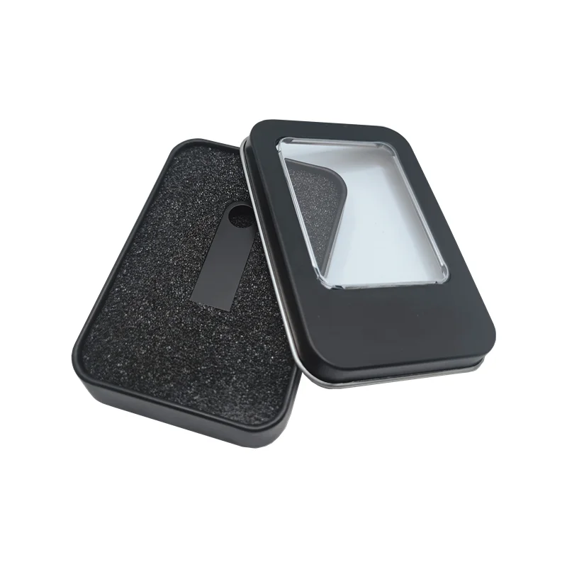 Free Custom Studio LOGO Mini Black Metal USB2.0 Flash Drive with Transparent Window Metal Box 4GB 8GB 16GB 32GB 64GB 128GB