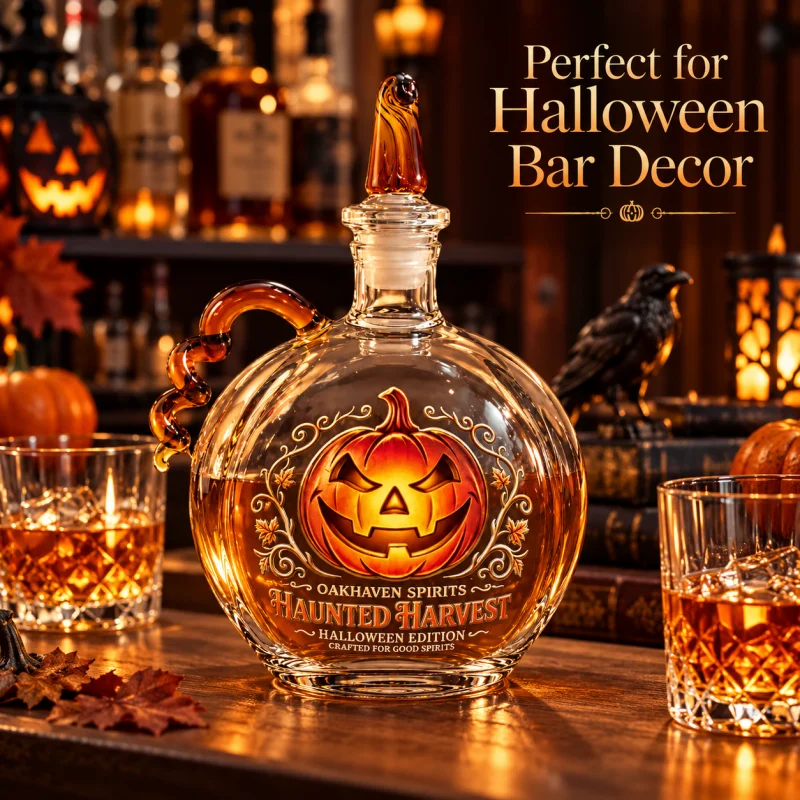 Halloween Pumpkin Glass Decanter Haunted Harvest Jack-o'-lantern Whiskey Liquor Bottle with Amber Handle, Home Bar Decor