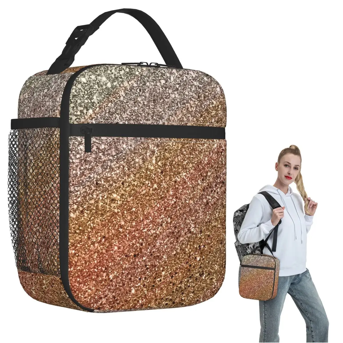 Glitter Sparkle Seamless Pattern Insulated Lunch Bag for Women Children Portable Food Boxes Thermal Lunch Box Tote